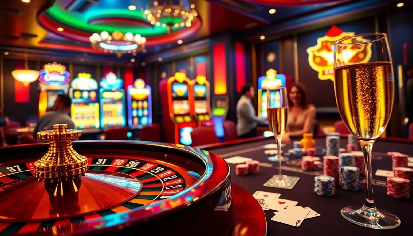 Experience the excitement of fun79 with a vibrant casino scene showcasing roulette, cards, and chips.