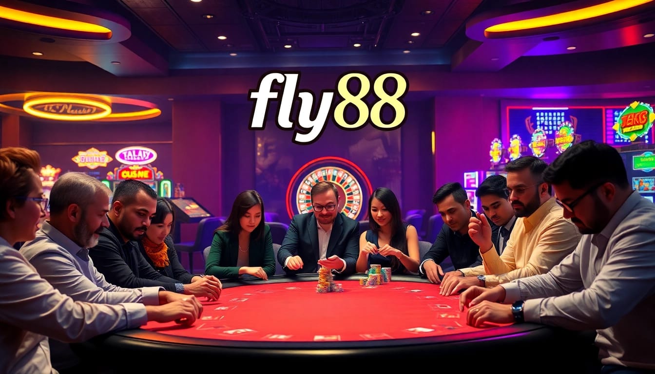 Intense gambling action at a fly88 poker table with engaged players and a glowing atmosphere.