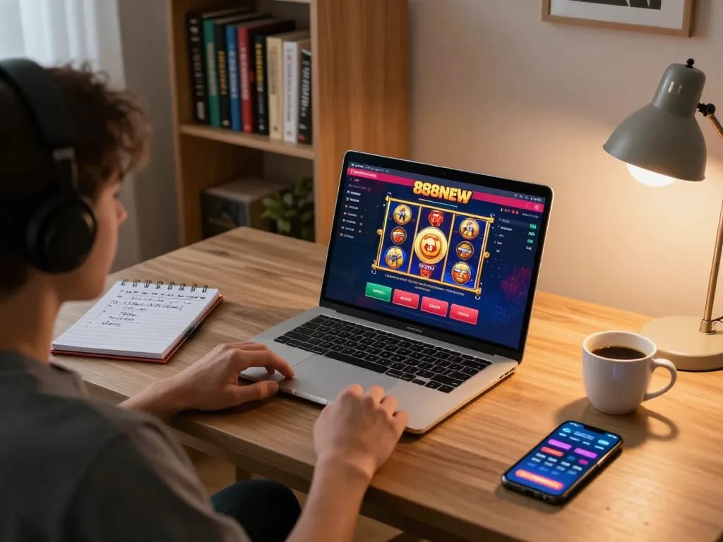 Player engaging with 888NEW's casino app in a relaxed home gaming setup.