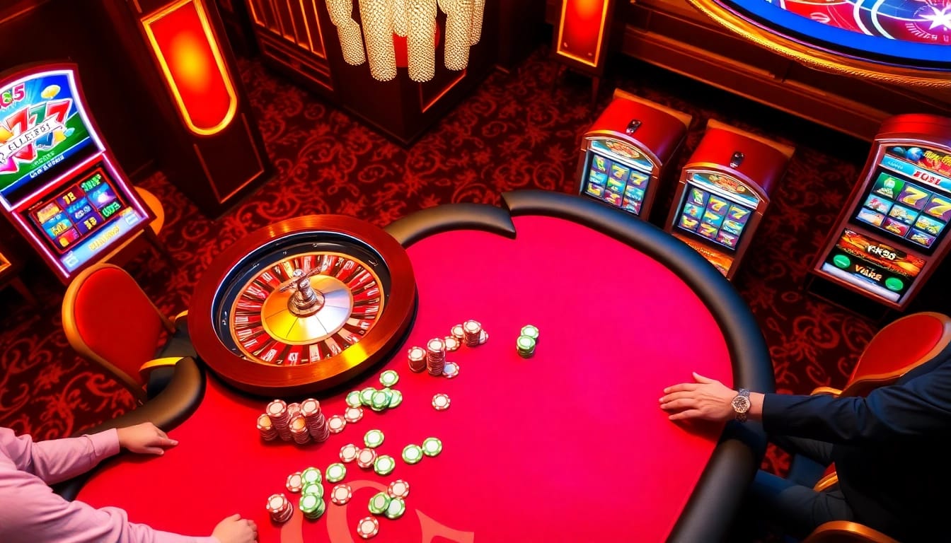 Experience the thrill of gambling at a KK55 themed casino table with vibrant poker chips and intense gameplay.
