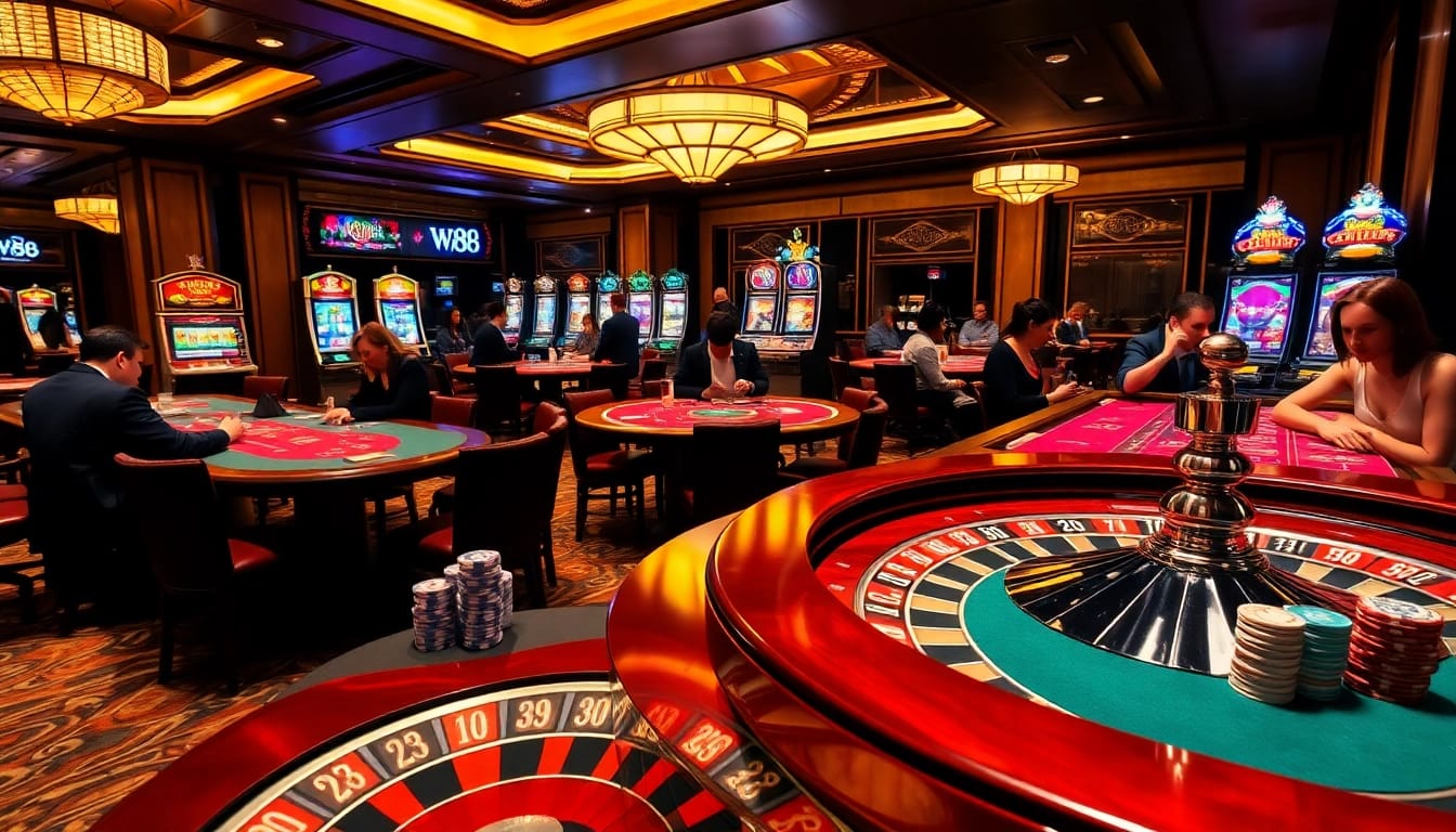 Engage in thrilling play at W88’s luxurious casino environment featuring vibrant tables and exciting games.