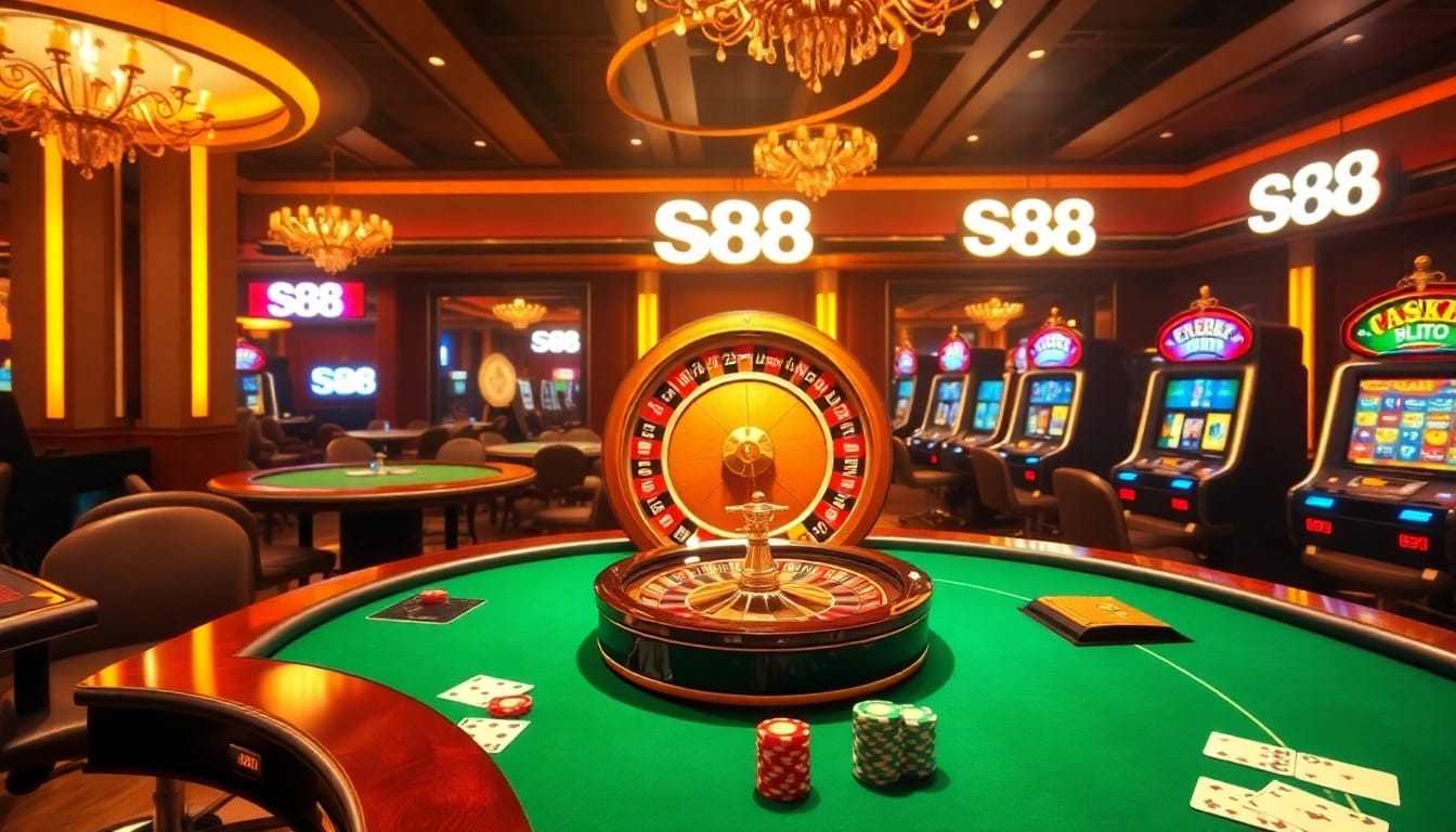 Engaging casino scene featuring S88 elements, poker tables, roulette wheel, and vibrant slot machines.