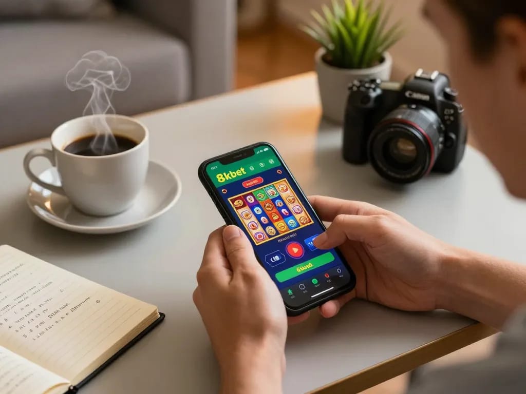 Engaged player using the 8kbet mobile app to enjoy online slots in a cozy home setting.