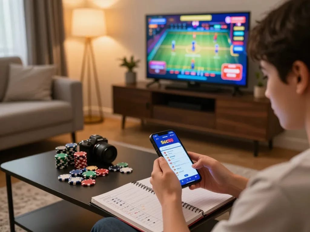 Engaged user exploring games on the Soc88 app amidst a stylish home setting, demonstrating responsible online gambling.