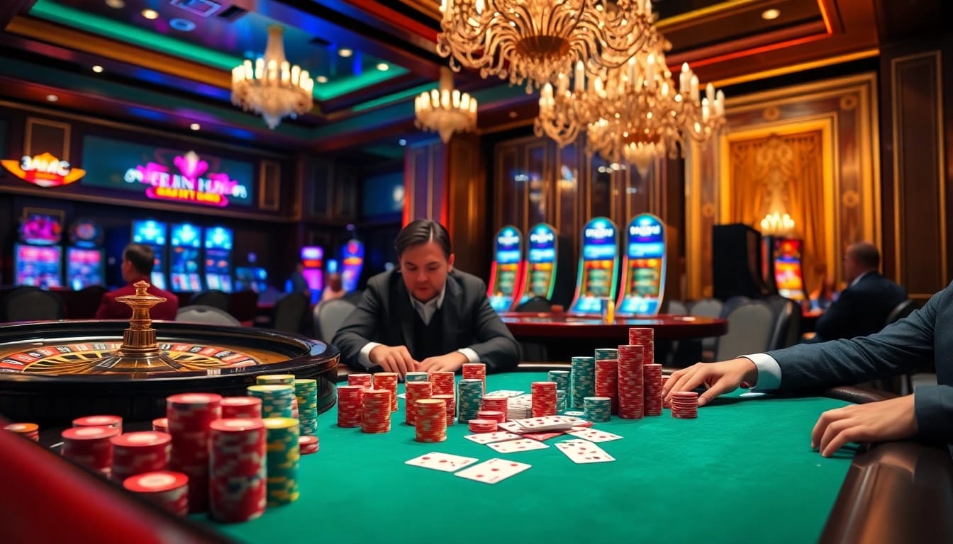 Experience the thrill of high-stakes poker at 6RWIN55 COM with vibrant chips and glowing roulette.