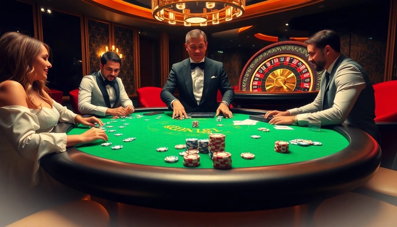 Players enjoying a game at Nhà Cái BJ888 blackjack table with vibrant chips and cards.
