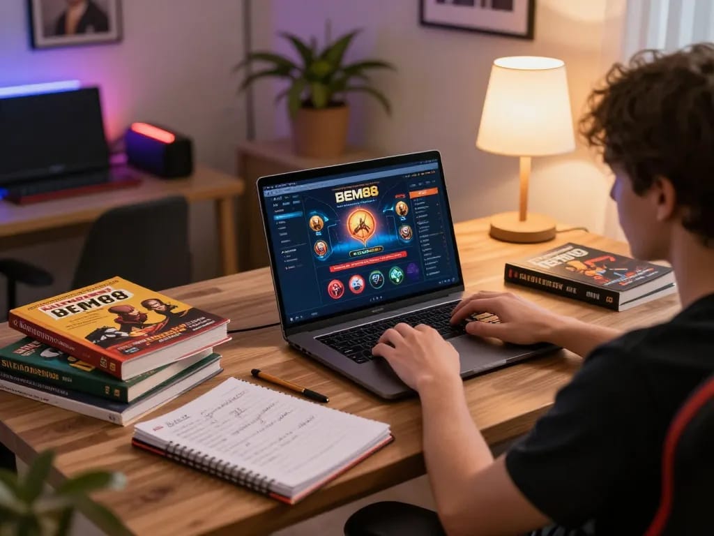 BEM88 online gaming interface displayed on a laptop in a cozy home setting with strategy books and a comfy chair.