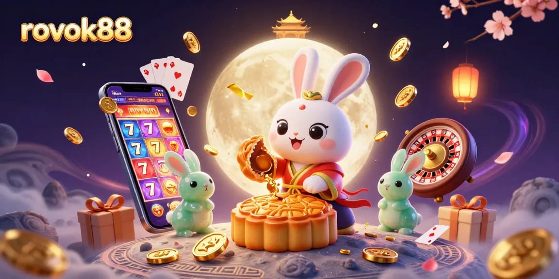 Experience the excitement of rokok88 with a whimsical moon rabbit revealing poker chips amidst colorful gaming elements.