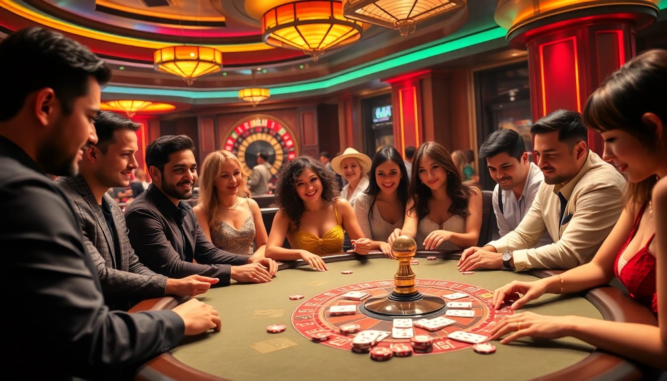 Play win79 at an exciting casino table with players engaged in high-stakes poker.