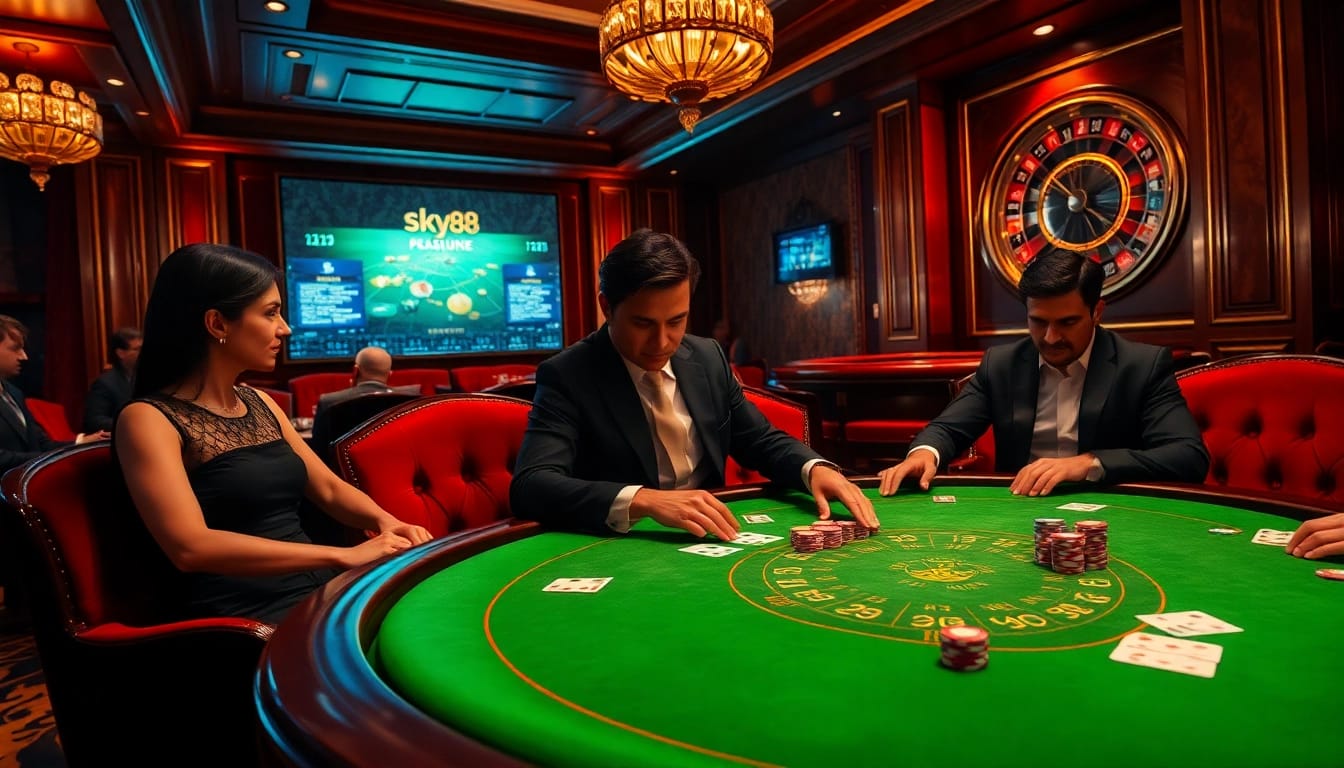 Exciting gameplay at a luxurious casino featuring sky88 in poker tables and vibrant chips.