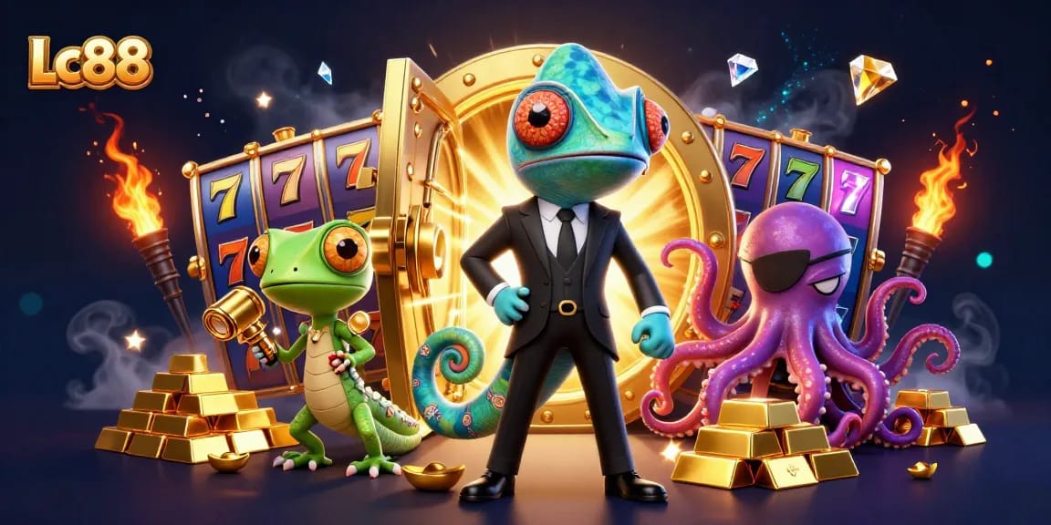Experience Lc88's thrilling slots with a dynamic scene of characters and gold treasures.