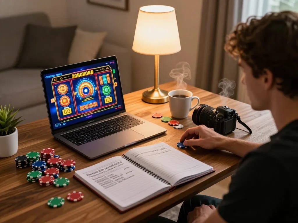 Player engaging with 678vip online slot machine on laptop, emphasizing strategic home gaming experience
