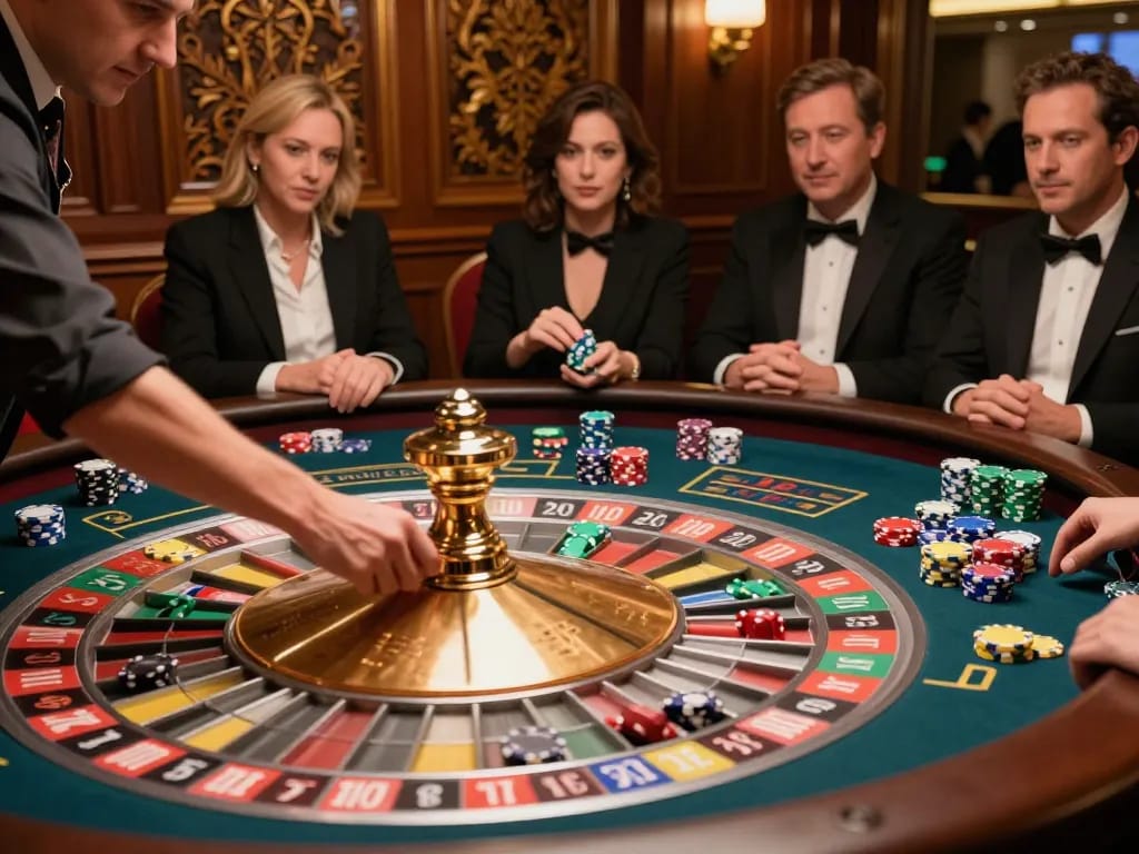 Fly88 roulette action with croupier spinning wheel and players placing bets.
