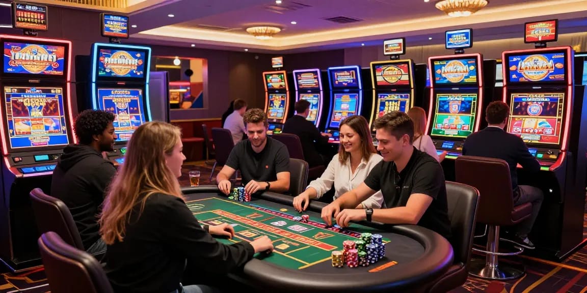 Players celebrating wins at fimltd.co.uk recommended credit card casinos with vibrant lights and games.