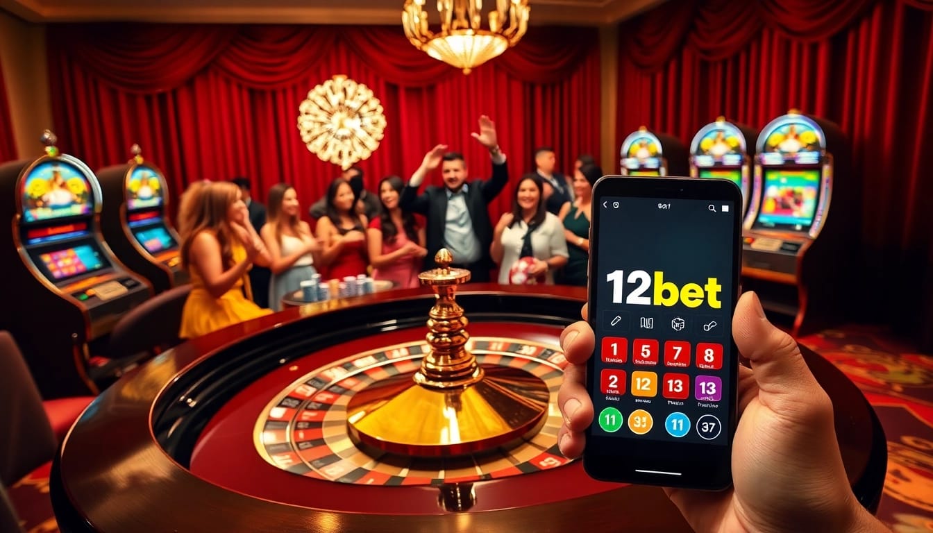 Experience the thrill of 12bet mobile casino gaming with vibrant slots and a luxurious roulette table.