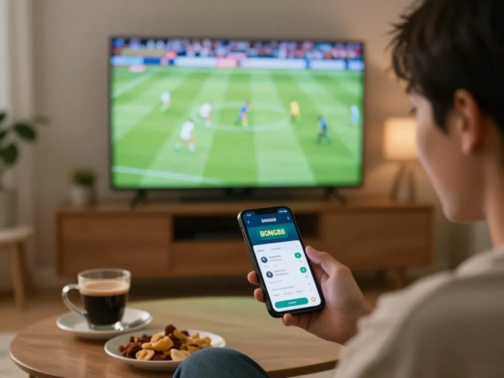 BONG88 sports betting action with a player placing live bets from home on a mobile device during a game.