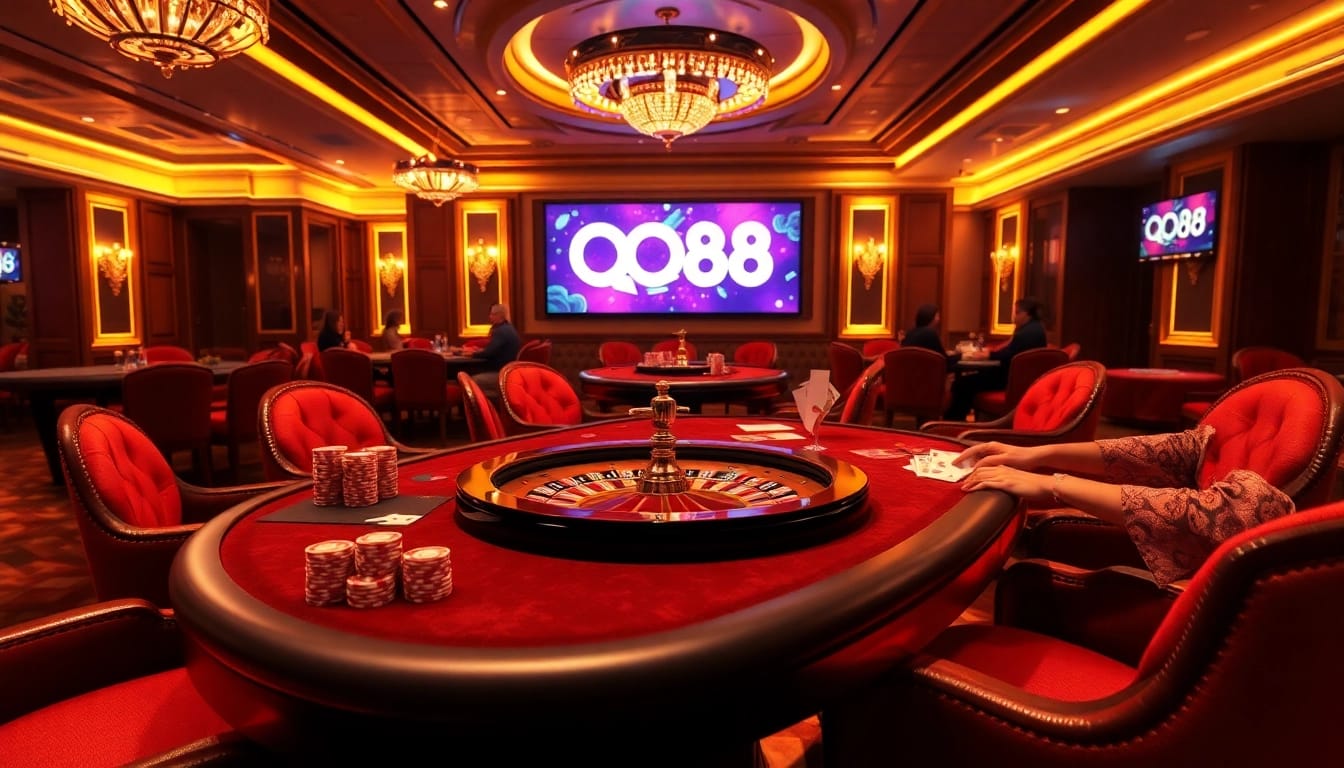 Engaged players strategizing at a QQ88 casino table surrounded by luxury.