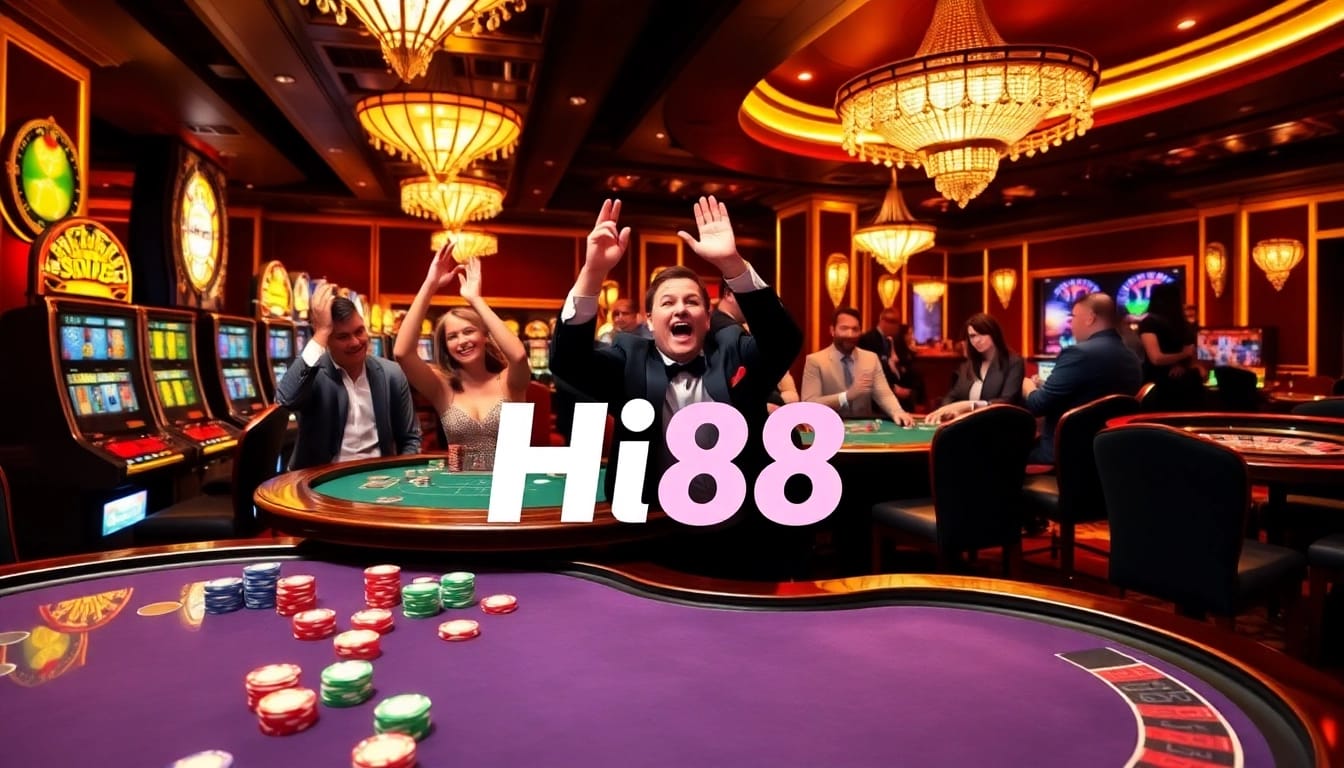Experience thrilling gameplay at Hi88's dynamic casino tables with vibrant chips and cheering players.