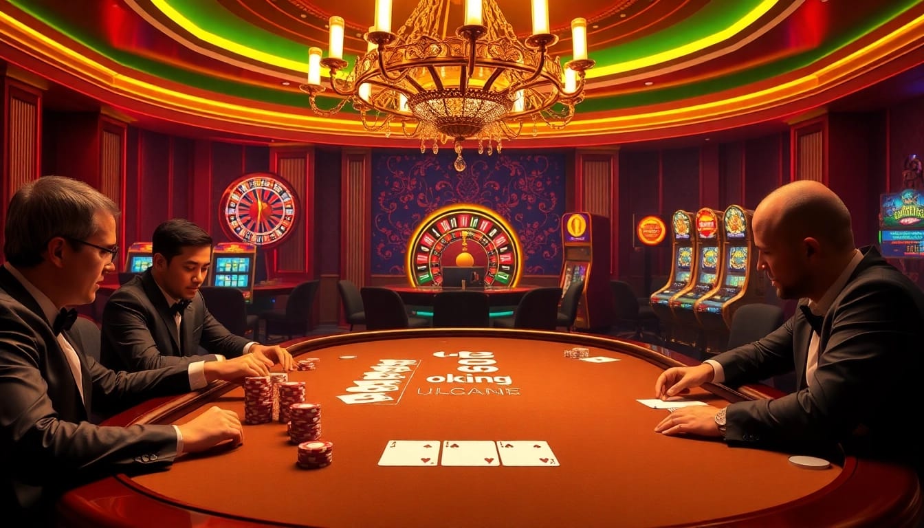 Experience excitement at an okking poker table with vibrant chips and cards amidst a lavish casino backdrop.