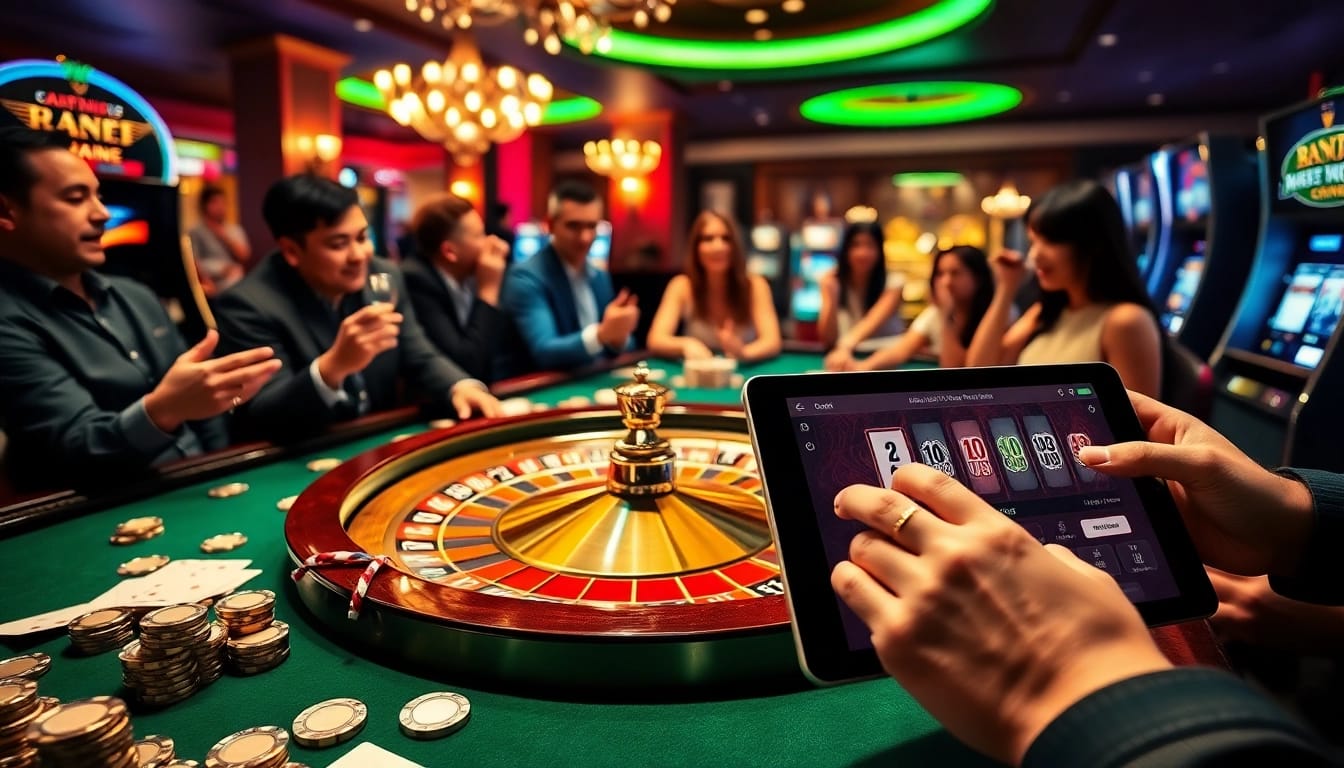 Gamblers cheering at a luxurious casino while using https://rr88sa.com/ for online betting.