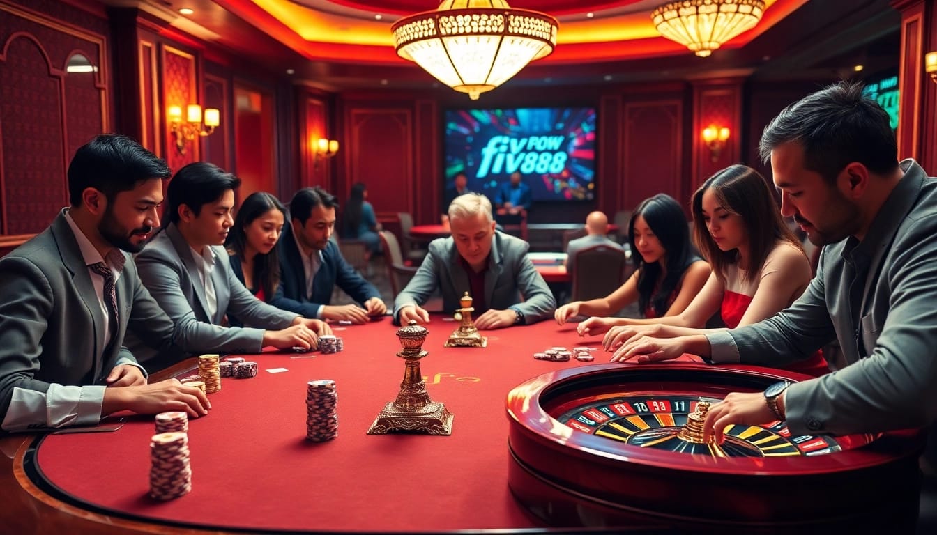 Experience the thrill of fiv88 at a luxurious casino table filled with colorful chips and an exciting roulette wheel.