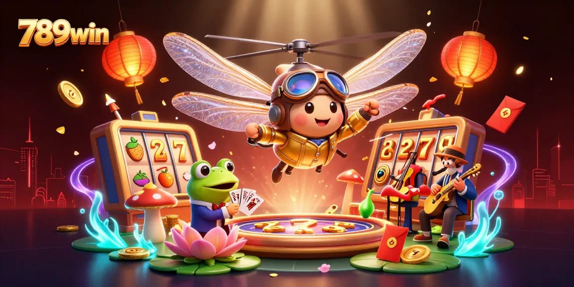 Engage with lively slots at 789win with a dragonfly pilot and frog croupier in a vibrant casino scene.
