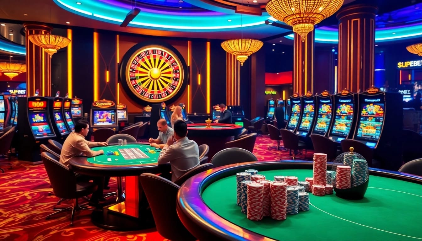 Superbet betting action at luxurious casino tables with vibrant poker chips and players.
