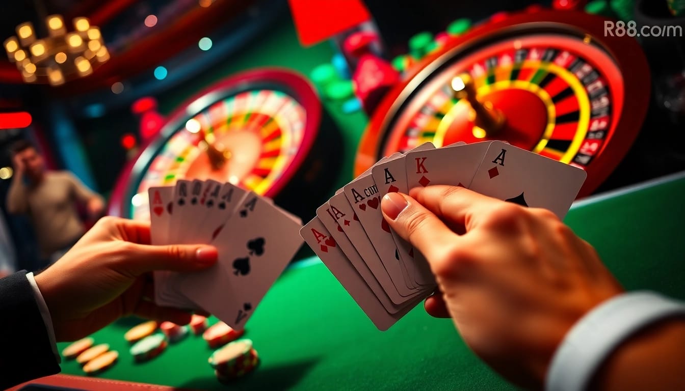 Experience thrilling gaming at rr88.com with poker hands and a vibrant roulette wheel.