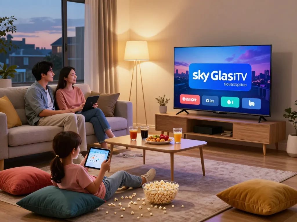 Family enjoying a movie night with Sky Glass IPTV Subscription in a cozy living room, surrounded by snacks and a stylish ambiance.