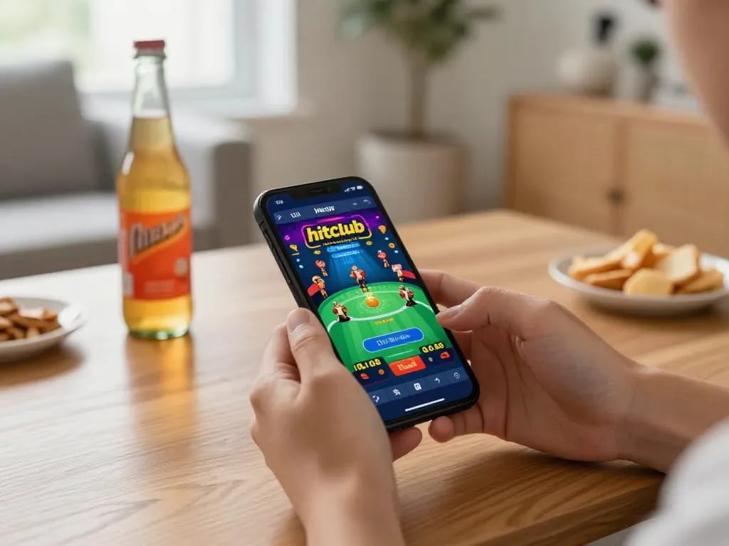 Engaging scene of player using hitclub app for live dealer gaming on smartphone, showcasing modern home lounge atmosphere