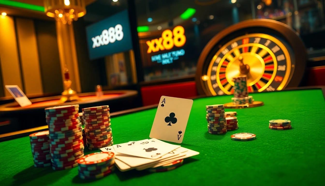 Exciting poker game setting at xx88 casino with chips and cards in action.