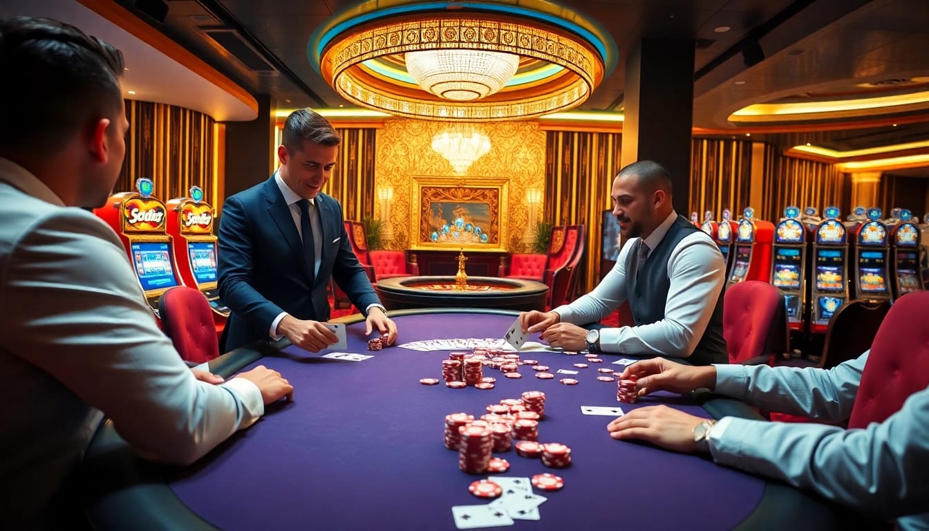 Sodo66 players enjoy an exciting game of poker in a luxurious casino setting.