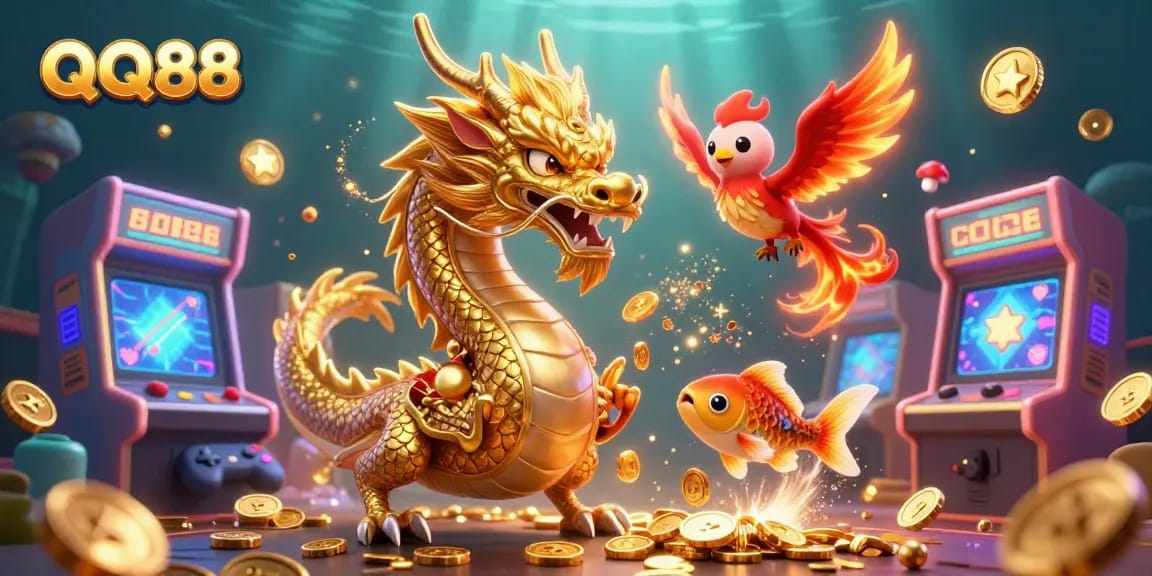 Experience thrilling wins with QQ88 as a golden dragon, phoenix, and koi fish celebrate over a dynamic casino scene.