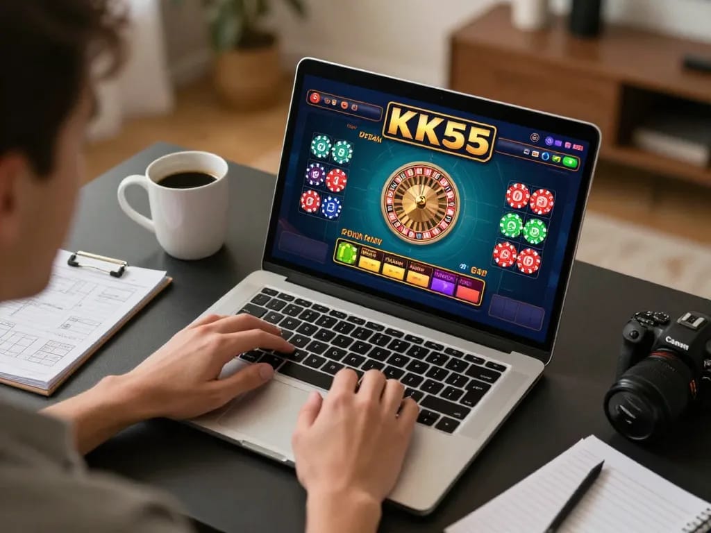Player engaging with Nhà cái KK55 online casino platform, emphasizing strategic roulette gameplay in a cozy home setting