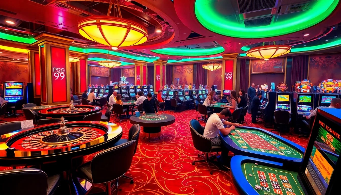 Experience thrilling gaming at PS99 with vibrant casino tables and spinning roulette wheels.