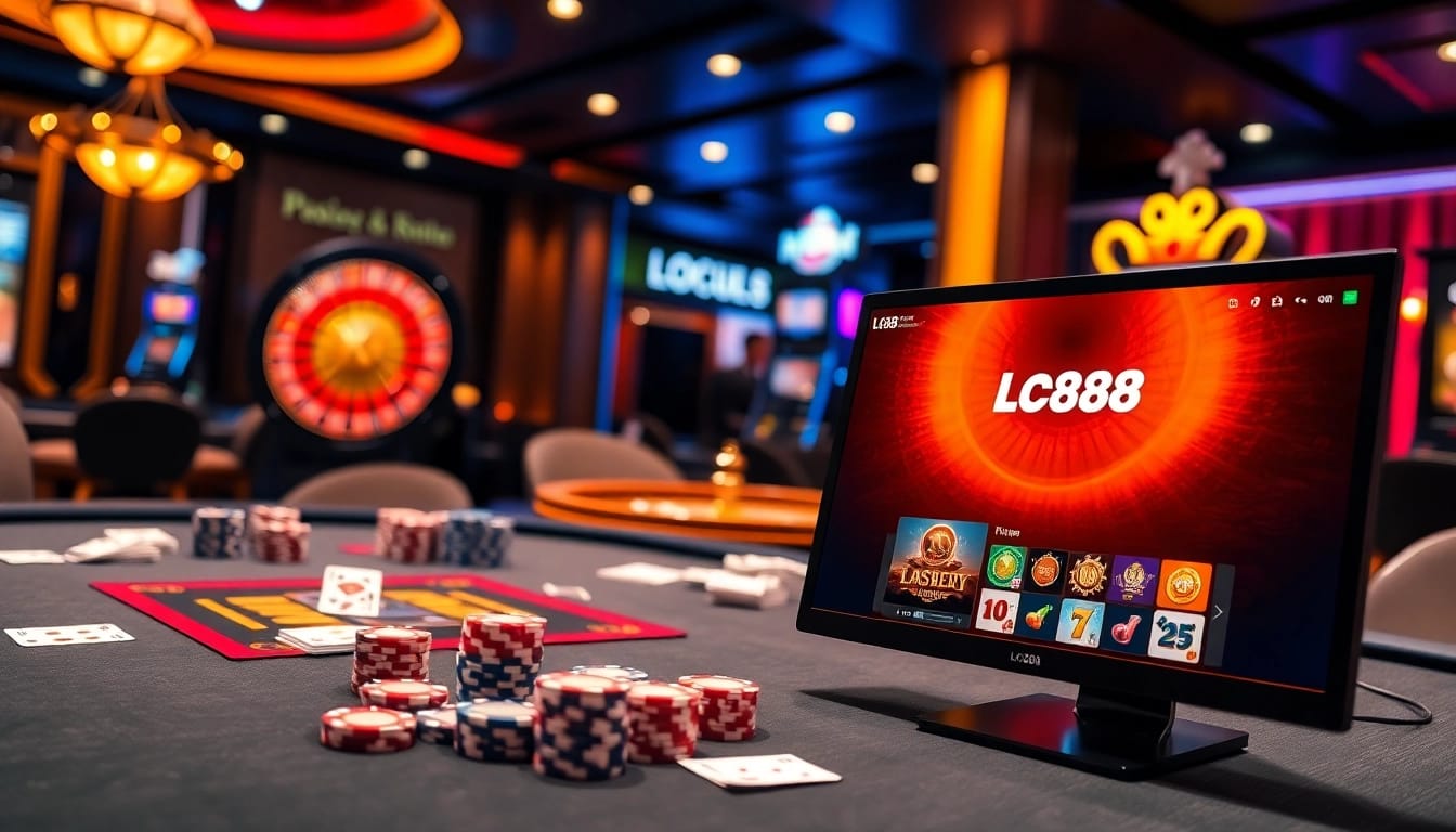 Experience the thrill of Lc88 gaming with a vibrant casino scene showcasing poker chips and a roulette wheel.