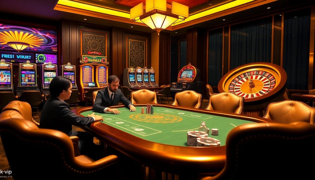 Experience the excitement of gambling at rik vip with a luxurious online casino scene featuring poker tables and slot machines.