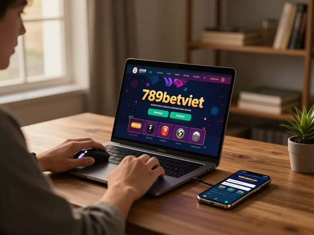 Engaging with the 789betviet online gaming platform in a cozy home office.