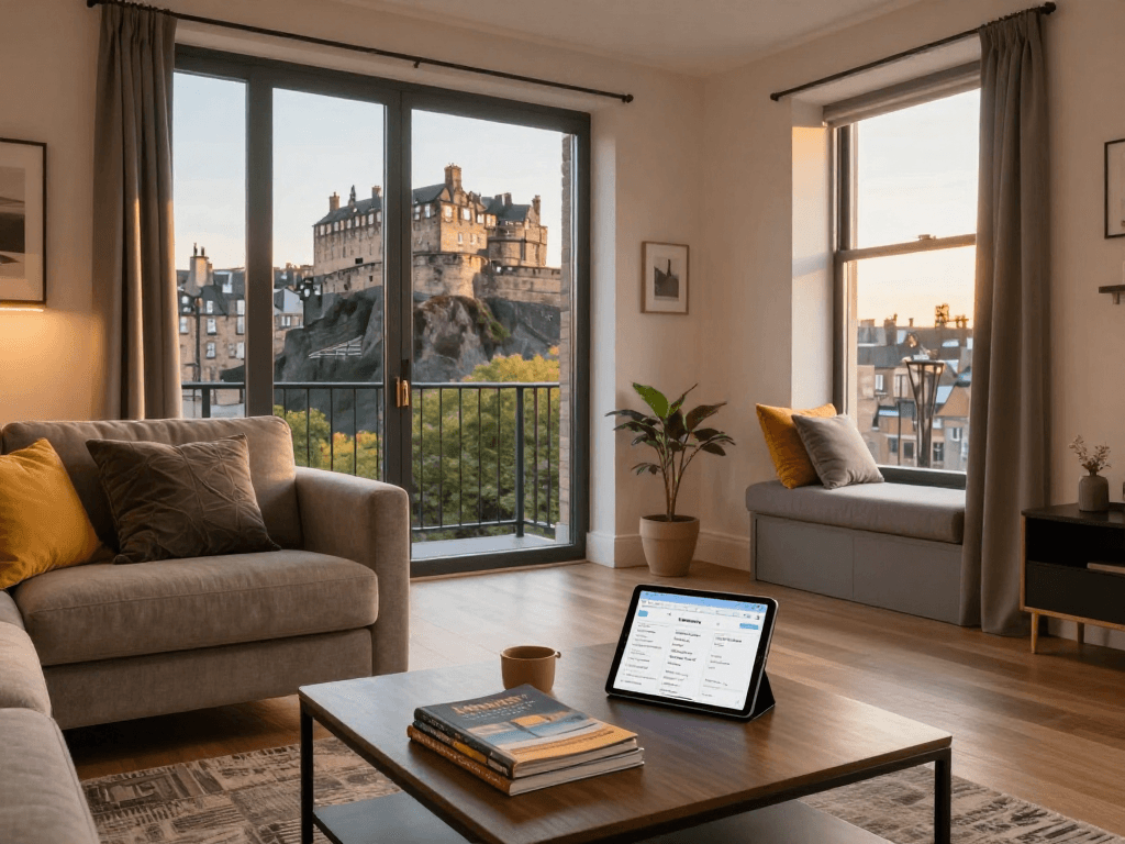 Welcoming space for short term lets edinburgh showcasing a modern living room with city view.