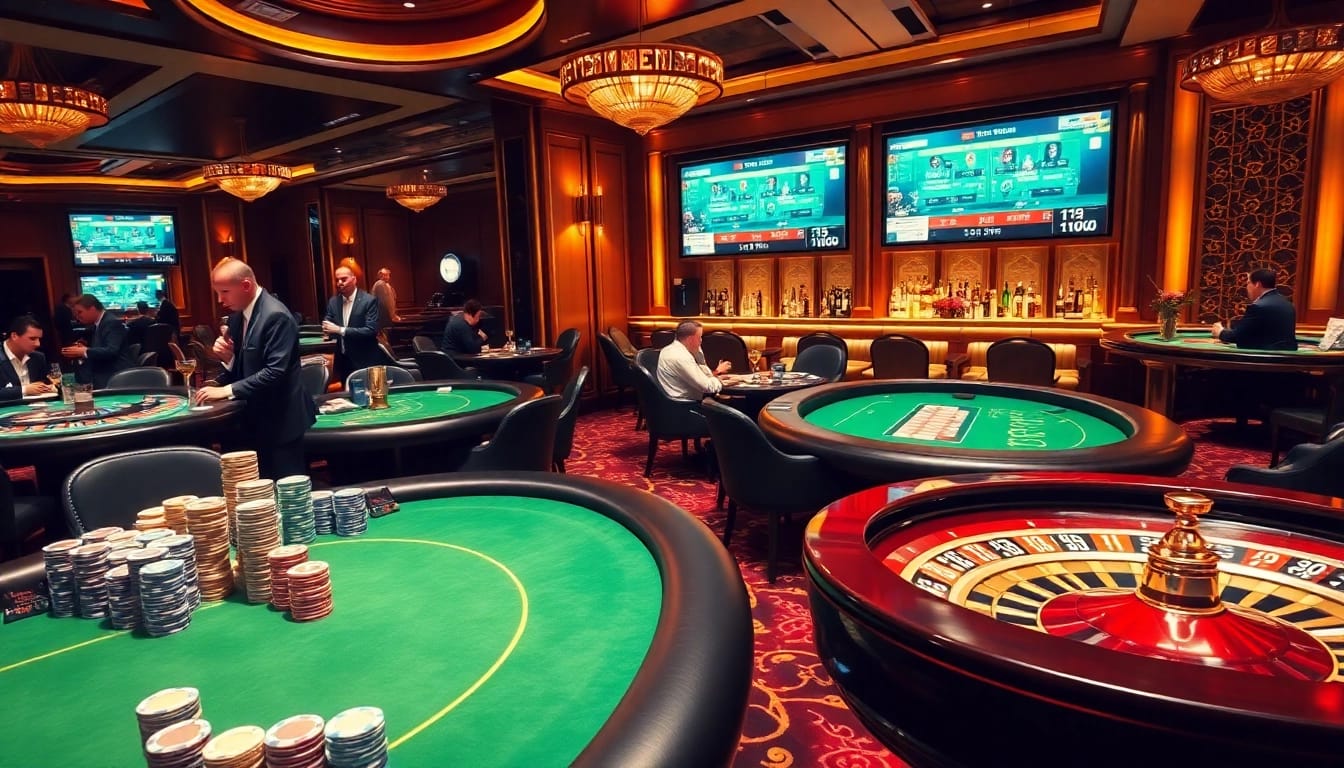 K8BET's vibrant casino atmosphere features engaged players at poker tables showcasing luxury.
