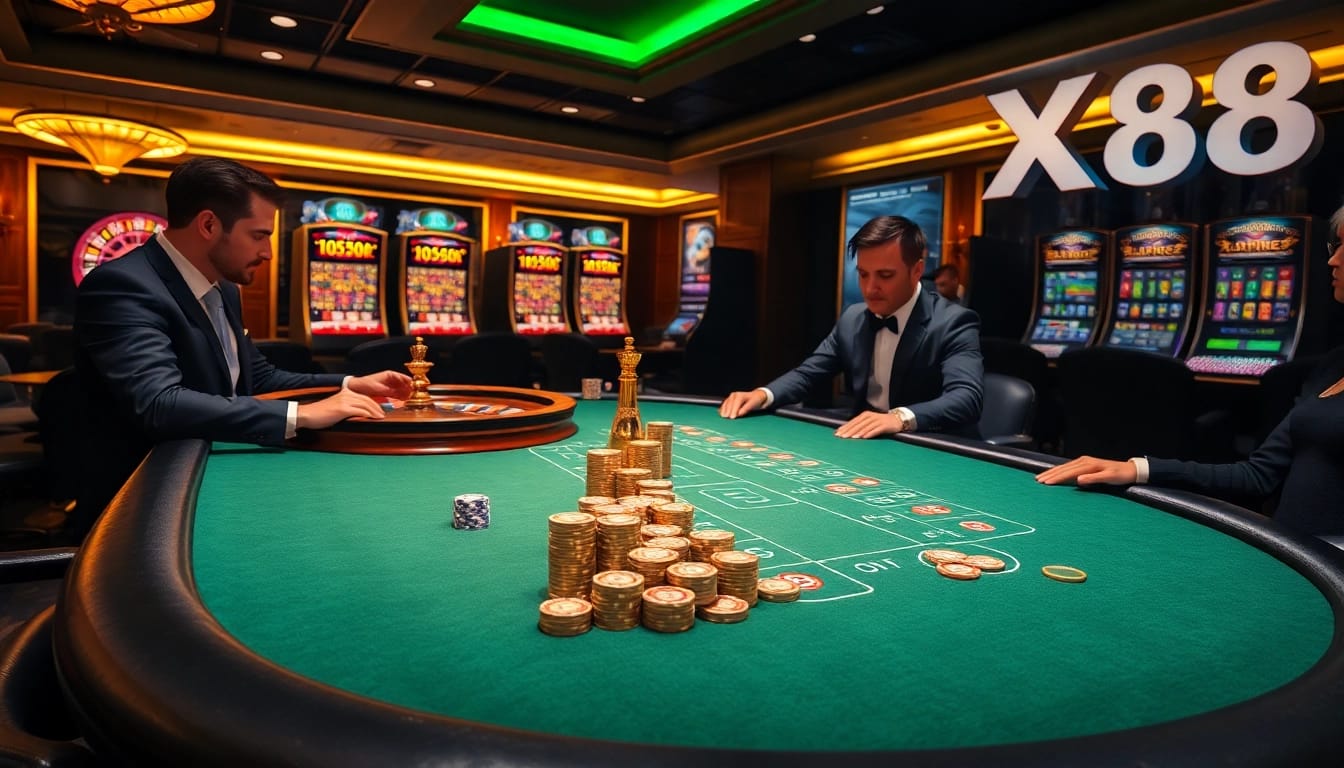 Experience an exhilarating poker game at X88, featuring professional dealers and luxury casino ambiance.