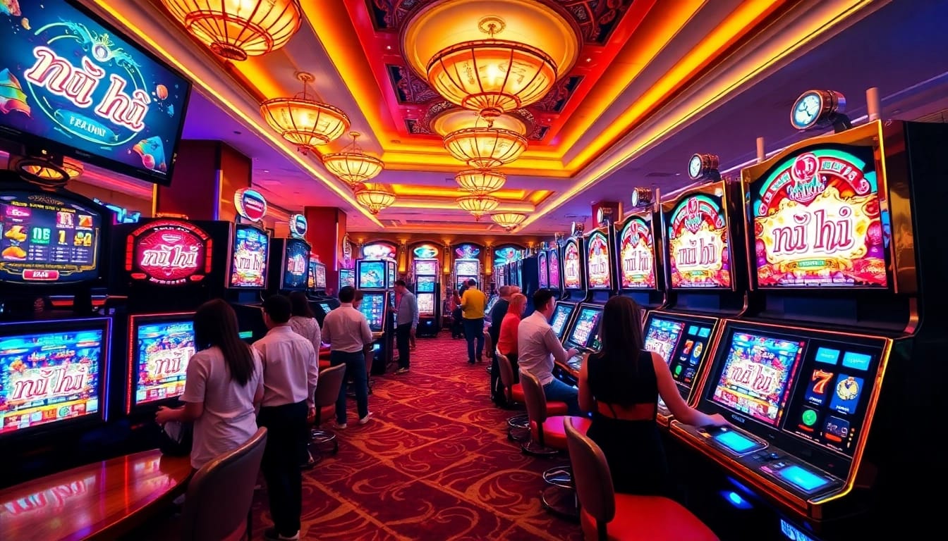 Players enjoying nổ hũ slot machines in a vibrant casino atmosphere.