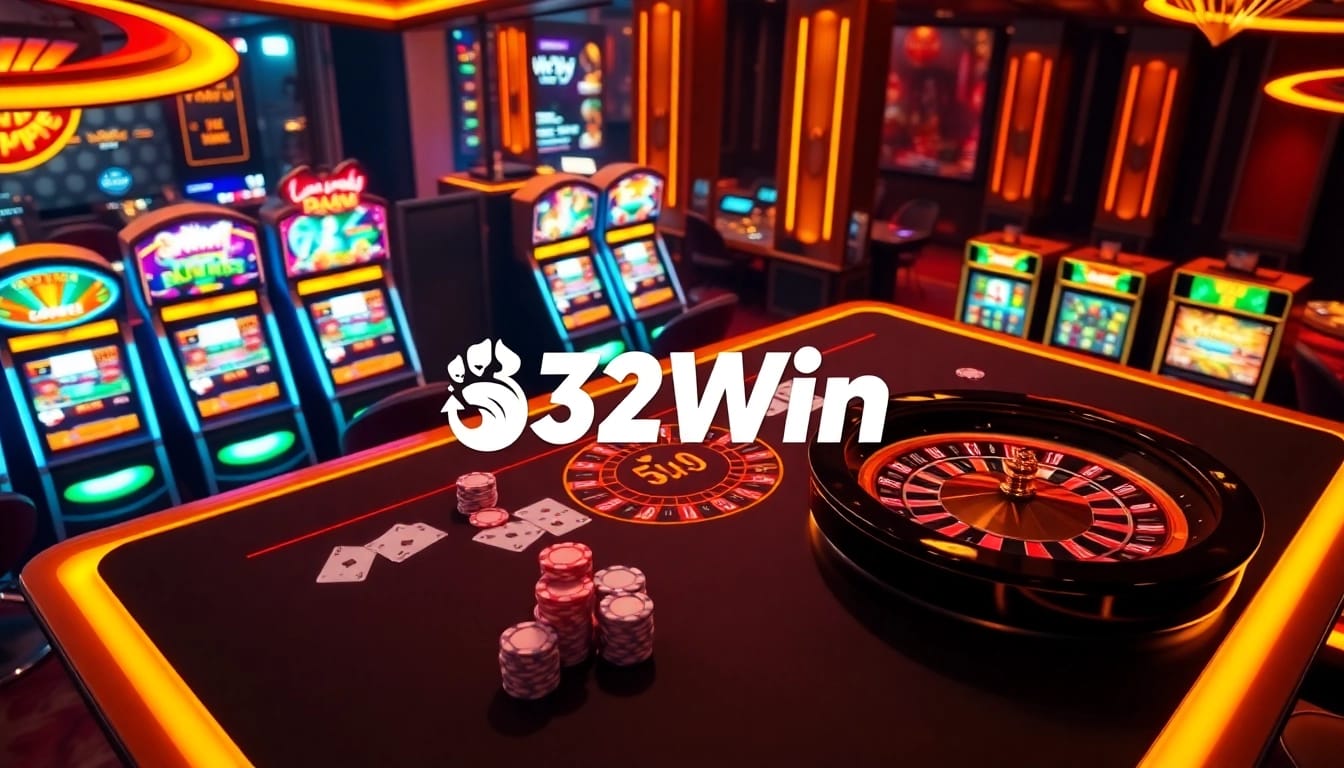 Experience the excitement of casino gaming at 32Win, with vibrant tables and roulette wheels enhancing gameplay.