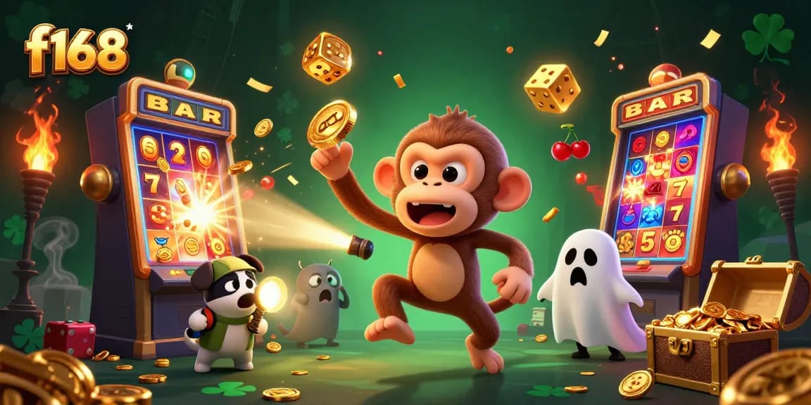 Experience thrilling gaming at f168 with a lively monkey juggling in a haunted casino.