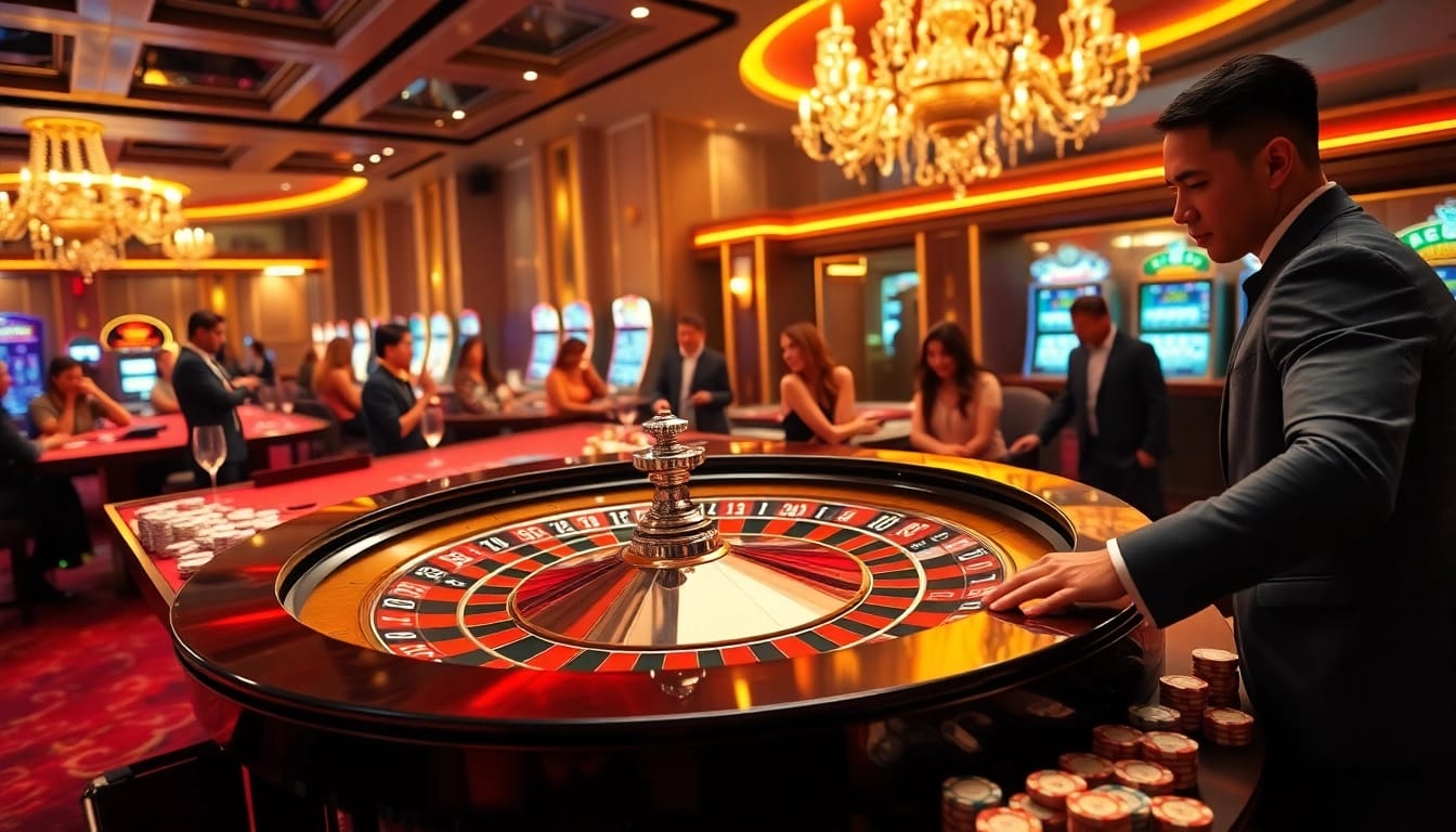 Players enjoying a lively roulette game at rr88 casino, surrounded by vibrant slot machines and poker chips.