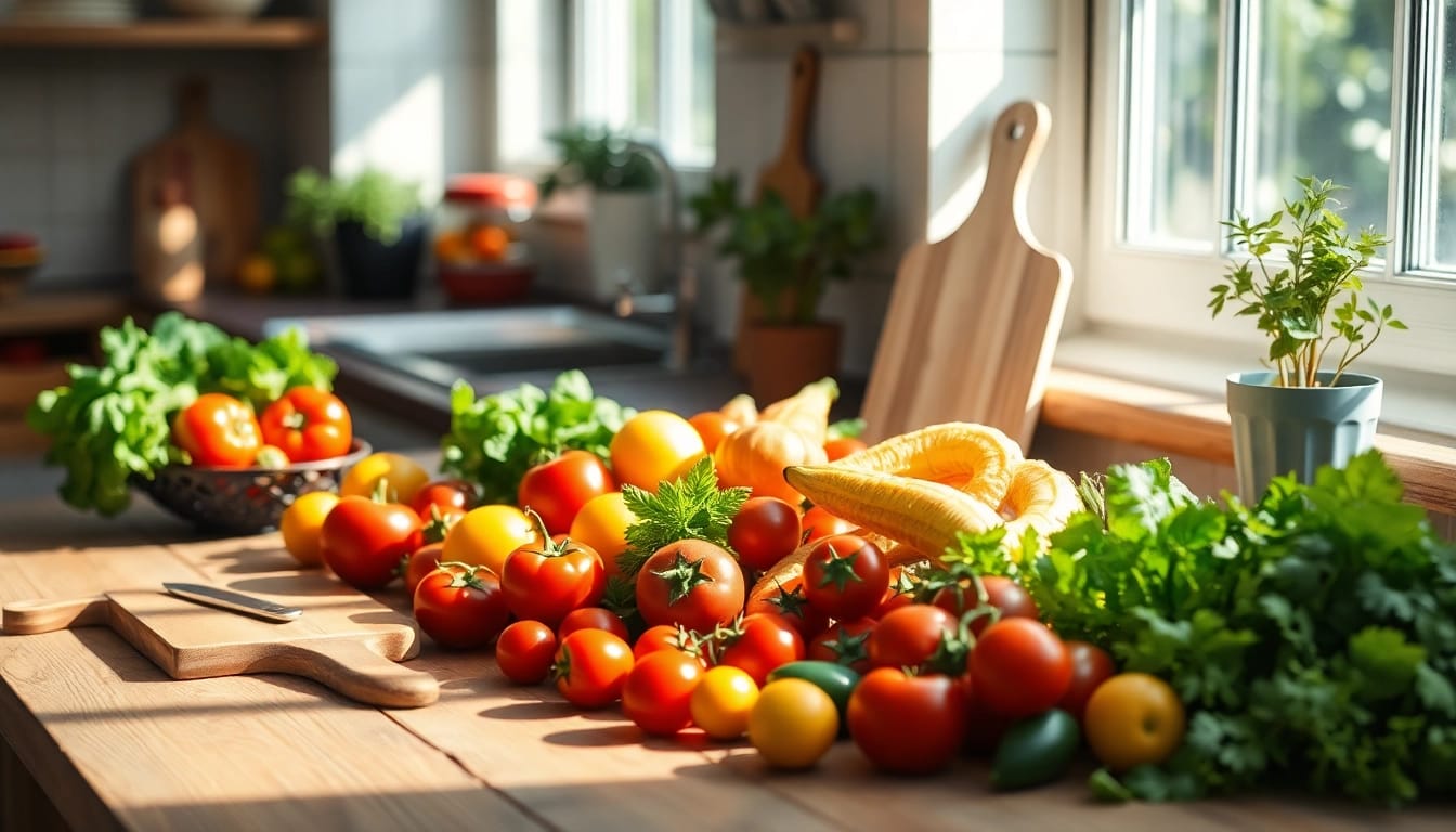Fresh fruits and vegetables symbolizing healthy food choices on a rustic wooden table.