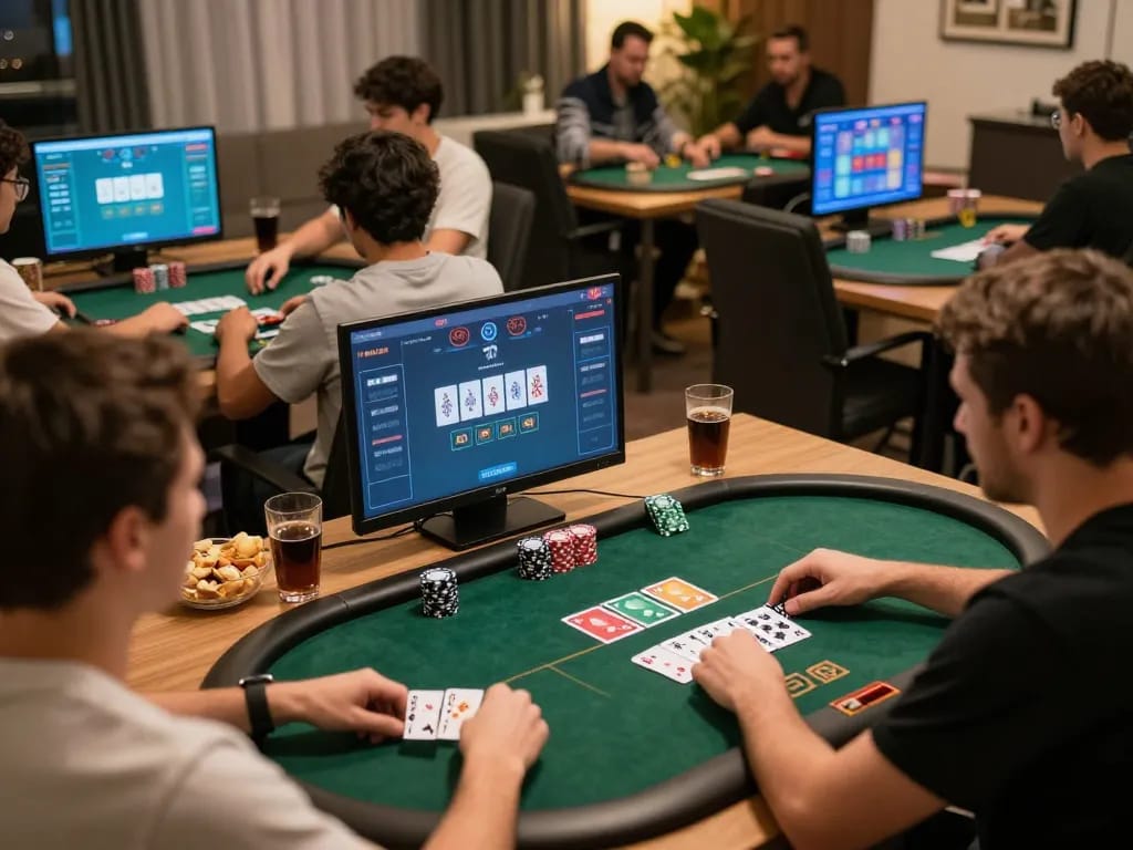 Players strategizing online poker at home, engaging with nhà cái au88 in a competitive atmosphere.