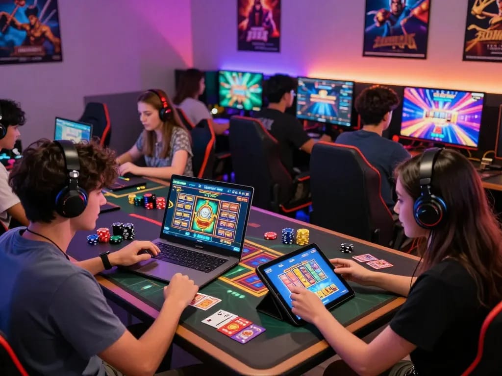 Sunwin online gaming experience with players excitedly engaging in diverse games, showcasing vibrant digital elements.