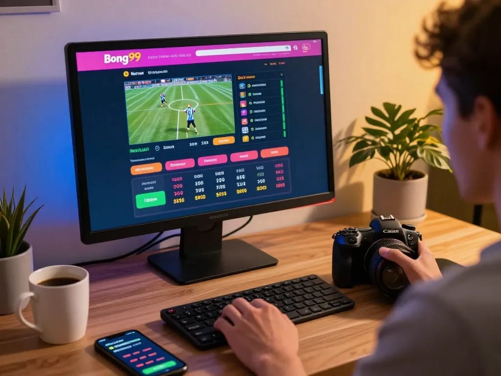 A user enjoying the excitement of online betting on bong99 platform in a modern home office setting.