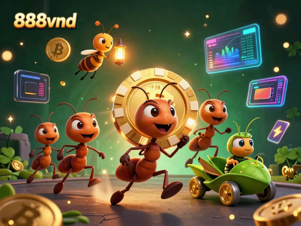 Engage in thrilling games at 888vnd with playful ants on a heist and crypto icons surrounding them.